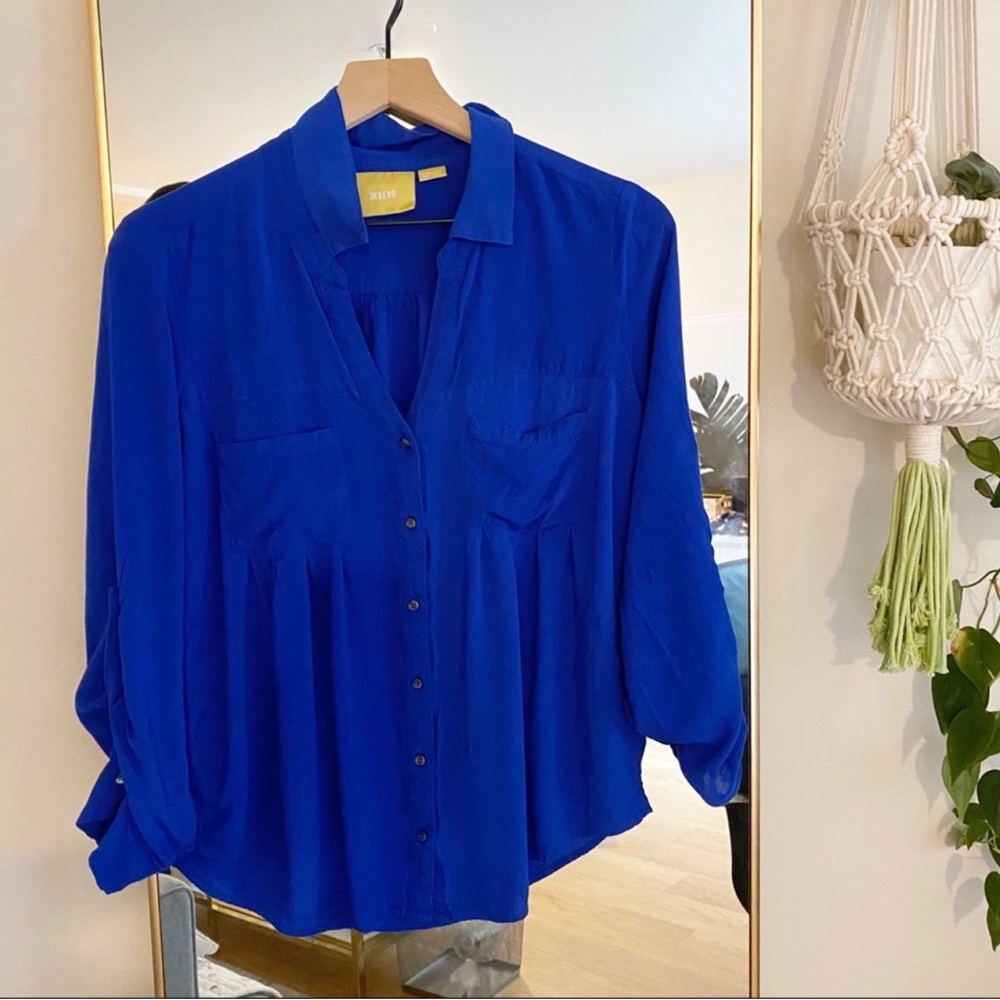 Maeve Anthropologie Blue Deep V Neck Blouse